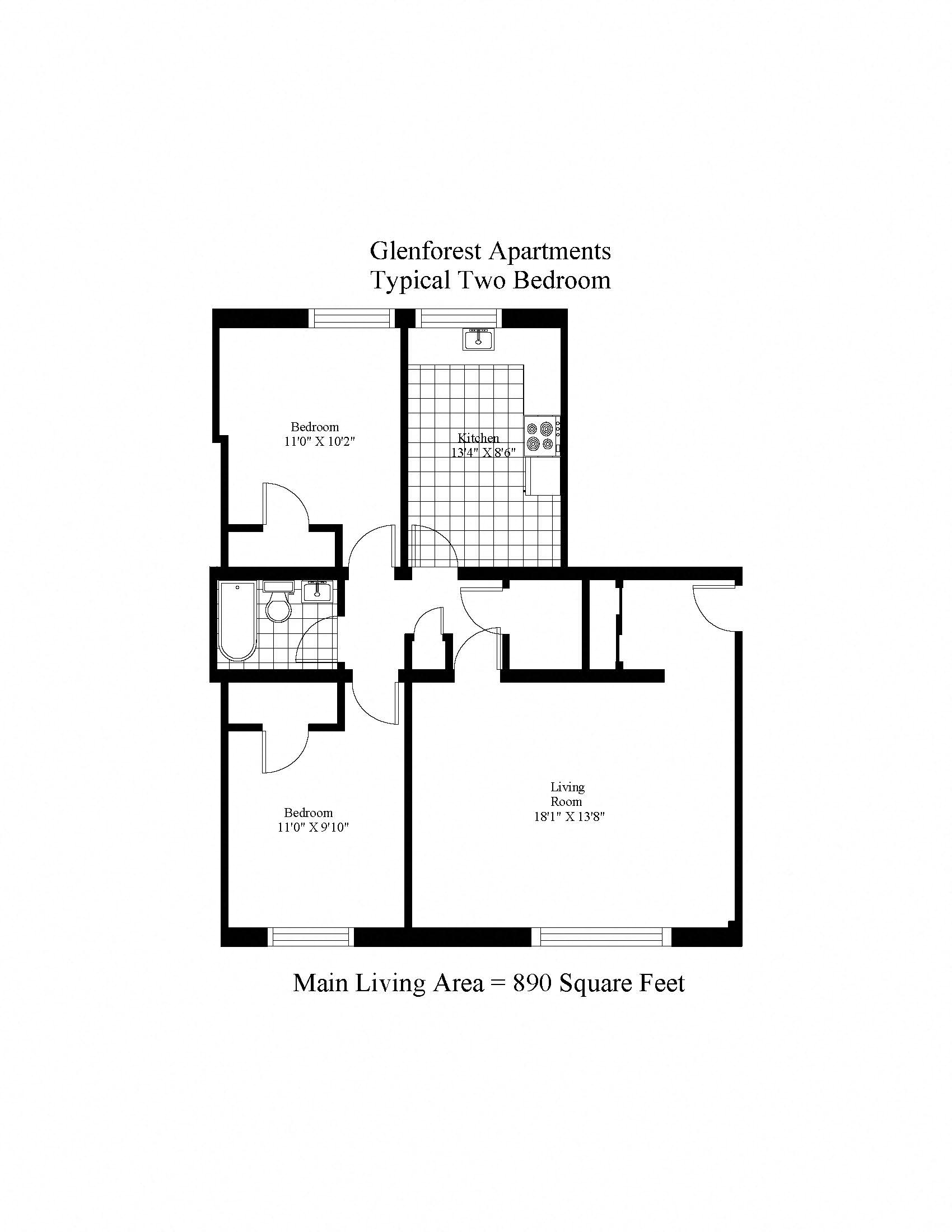 Floor plan for 2 beds, 1 bath, 890 sqft